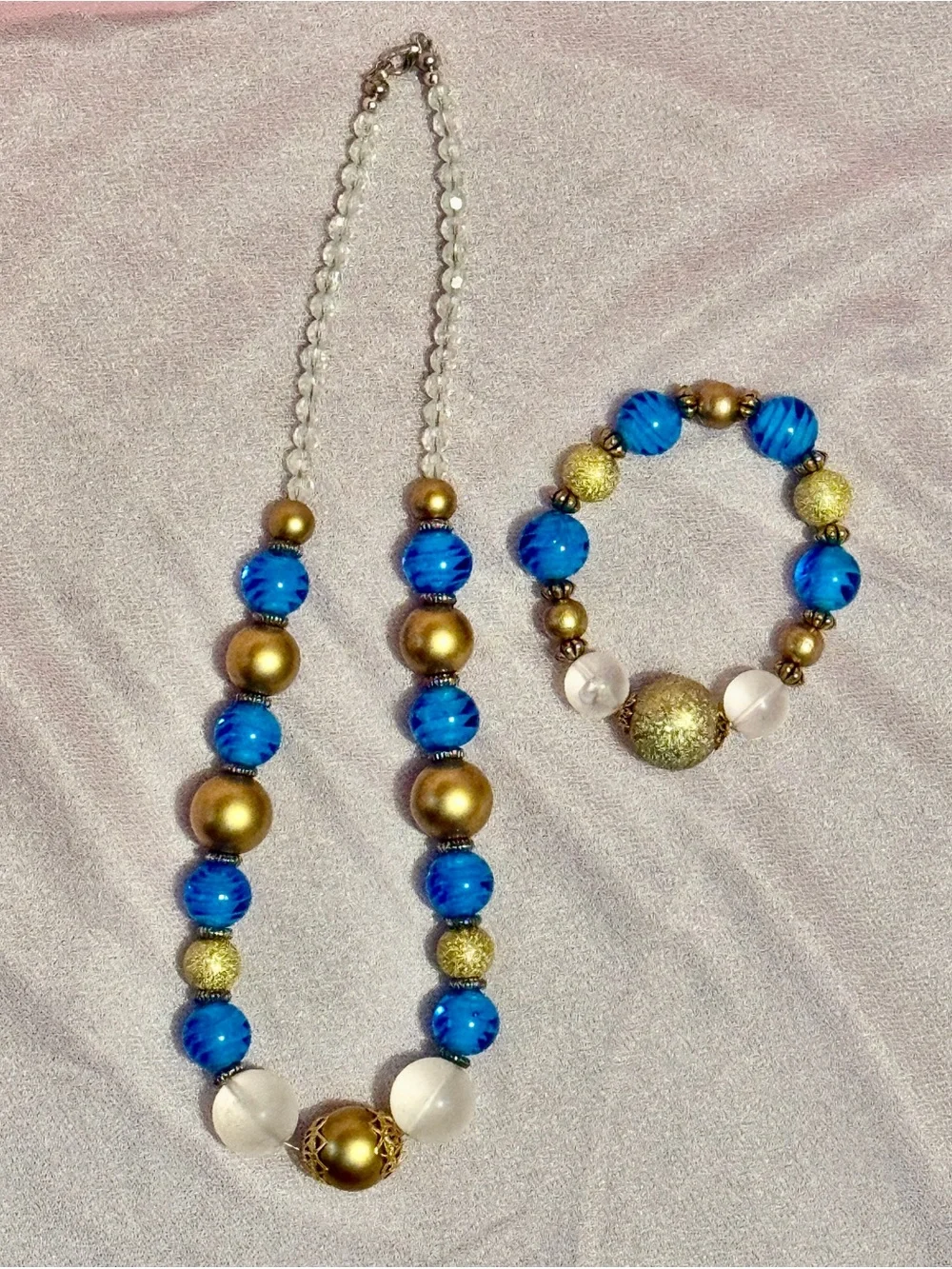 Handmade Blue Gold Beaded Statement Necklace & Bracelet Jewelry Set BTJ